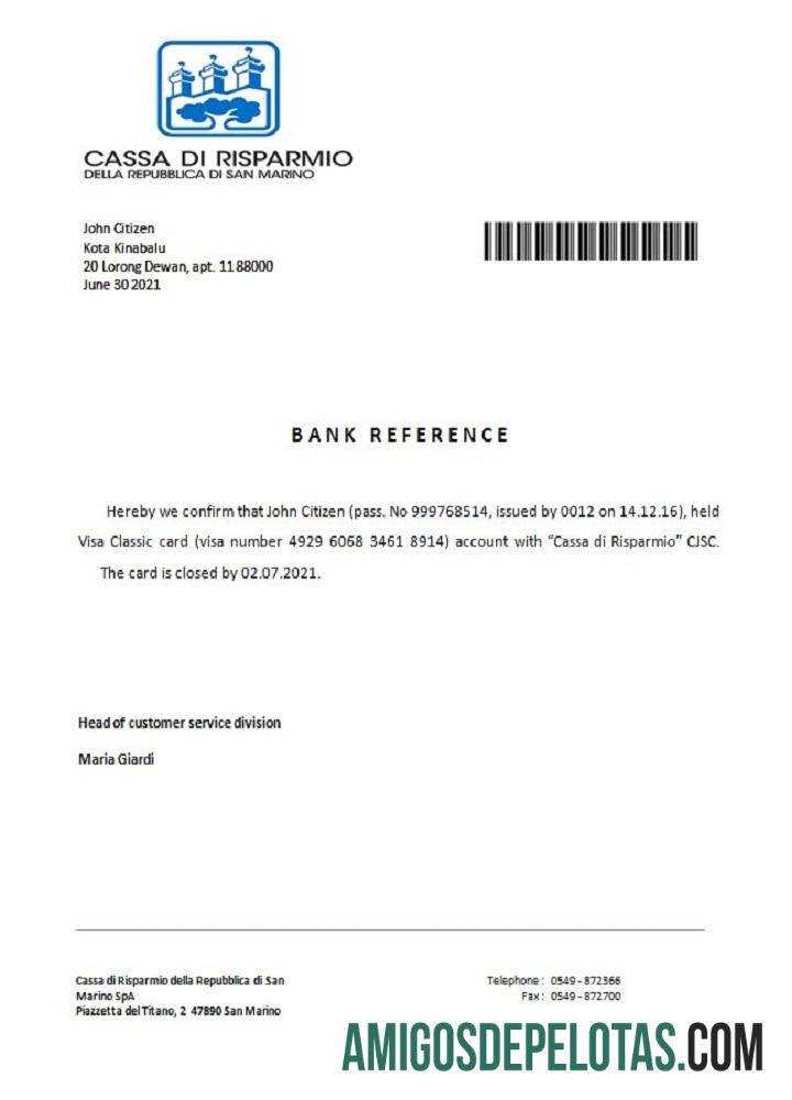 Referência de fechamento de San Marino Cassa Di Risparmio amostra